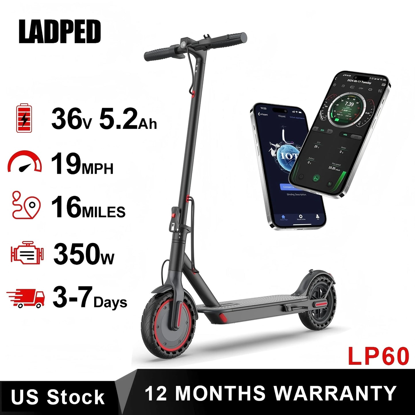 Ladped LP60 Electric Scooter 350W 19mph Folding With App Control