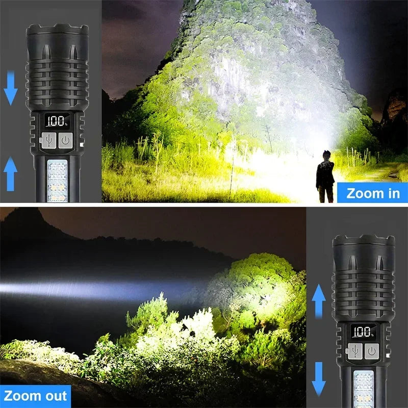 High Power LED Flashlight Rechargeable TypeC Zoom Torch Outdoors