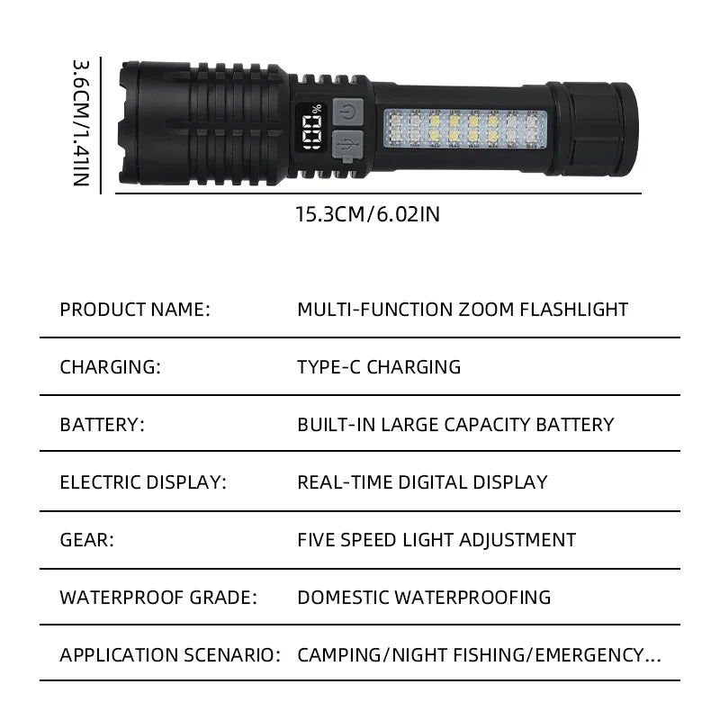 High Power LED Flashlight Rechargeable TypeC Zoom Torch Outdoors