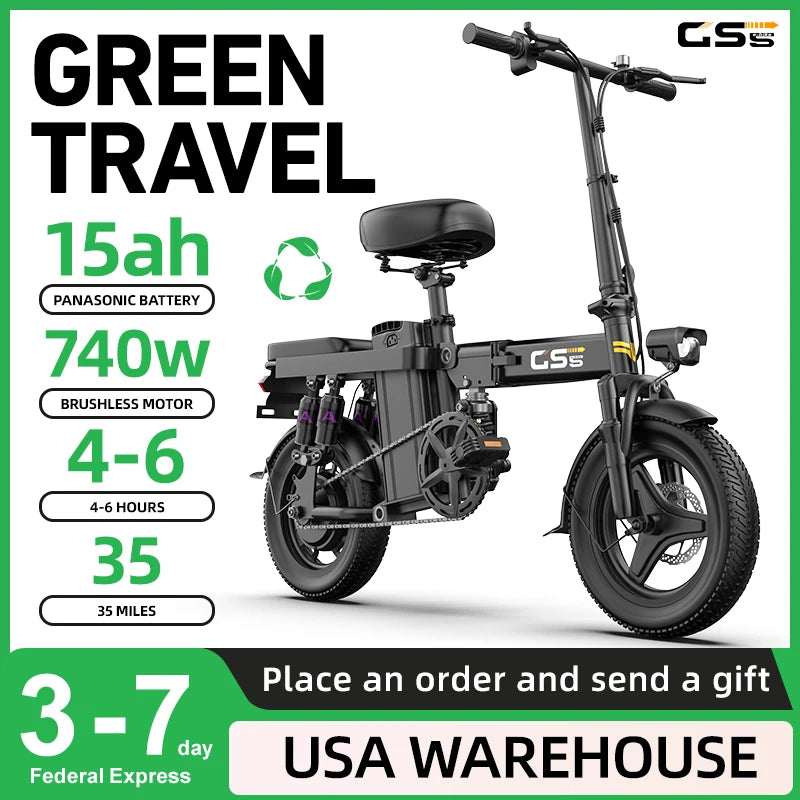 UPlee GS5 Folding Electric Bike 48V Battery 35 Mile Range