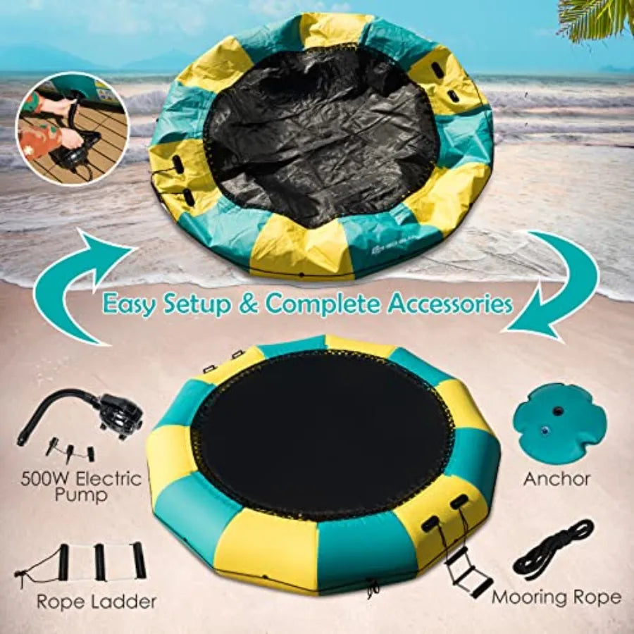 OLOEY Inflatable Water Trampoline For Lake With Electric Pump RopeLadder
