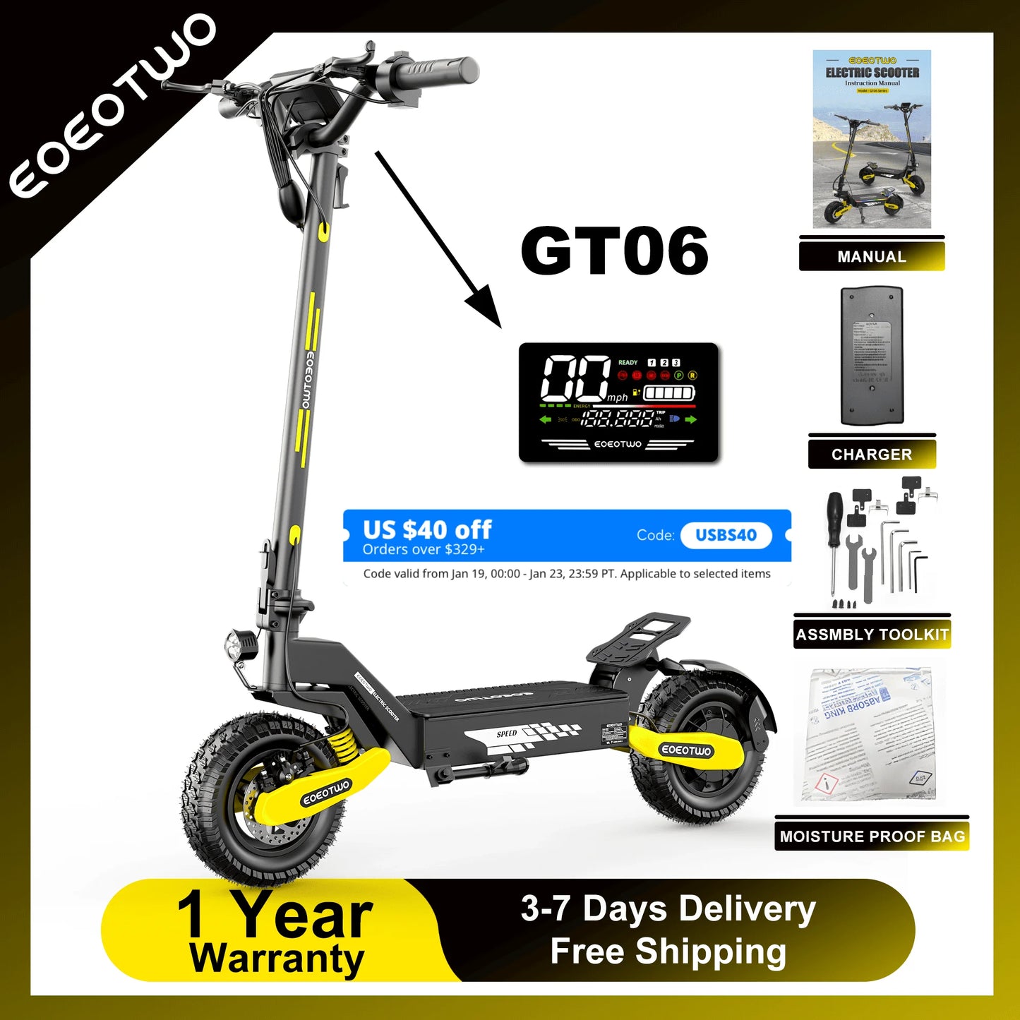 EOEOTWO GT06 Electric Scooter 30MPH 1200W Offroad Dual Suspension