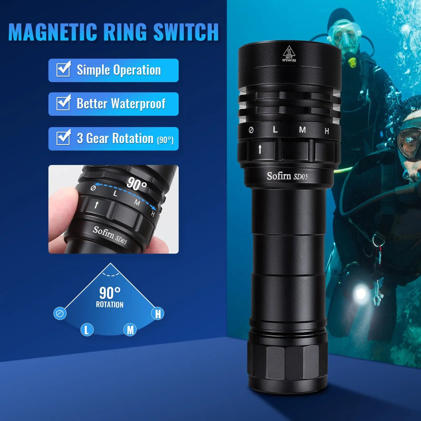 Sofirn SD05 Scuba Diving Flashlight XHP50.2 3000lm Magnetic Switch