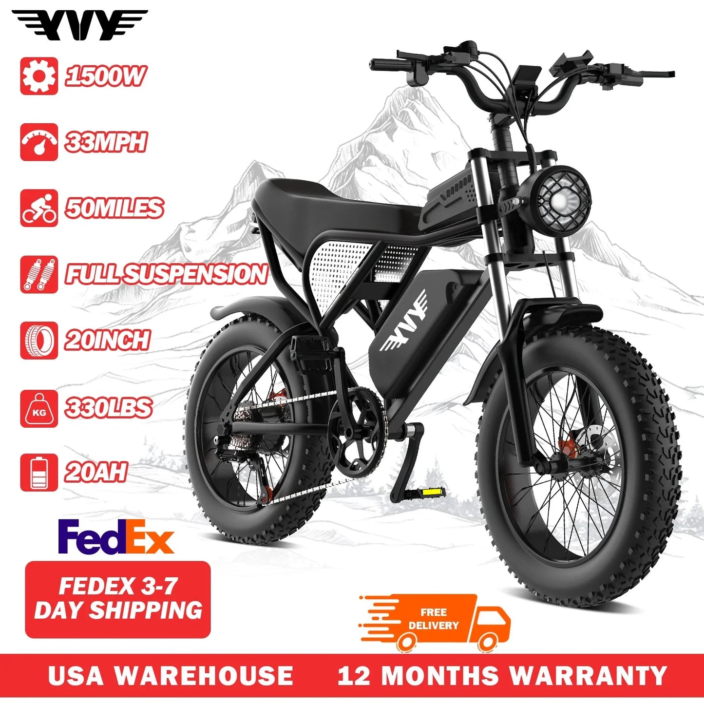 YVY K20 1500W Fat Tire Electric Bike for Adults