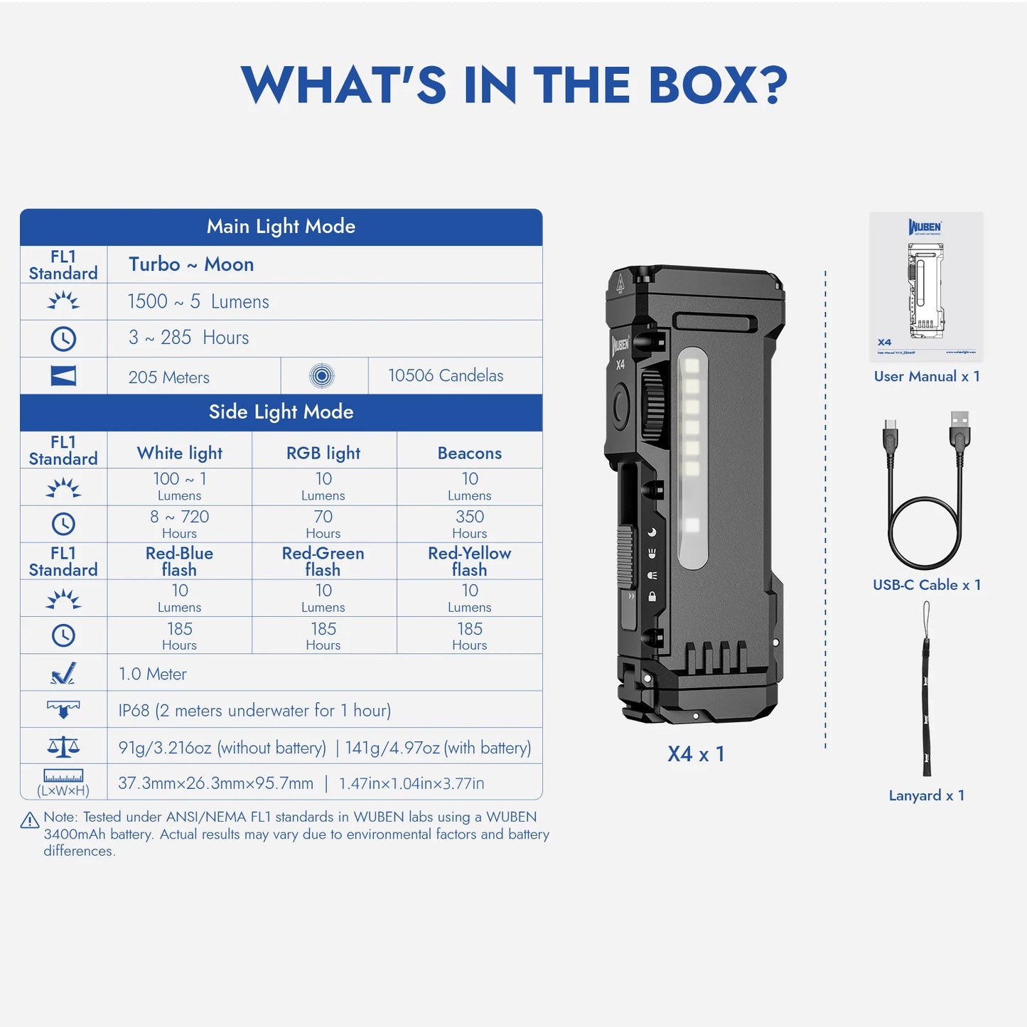 WUBEN X4 EDC Flashlight 1600 Lumen IP68 Rechargeable Pocket Light