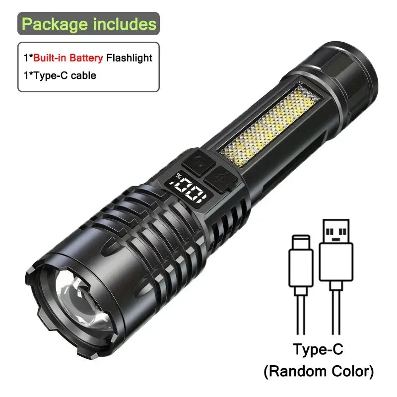 High Power LED Flashlight Rechargeable TypeC Zoom Torch Outdoors