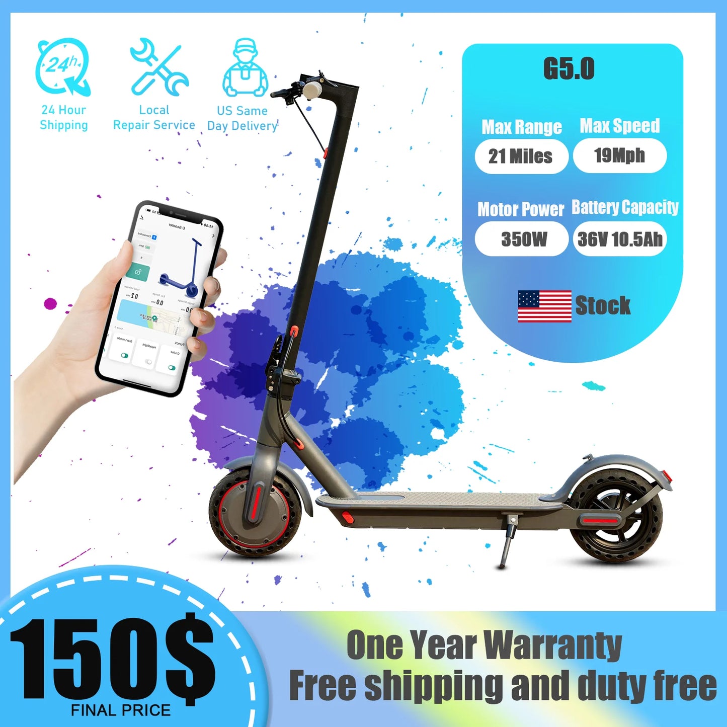 G5.0 Electric Scooter Foldable 36V 21 Miles Long Range