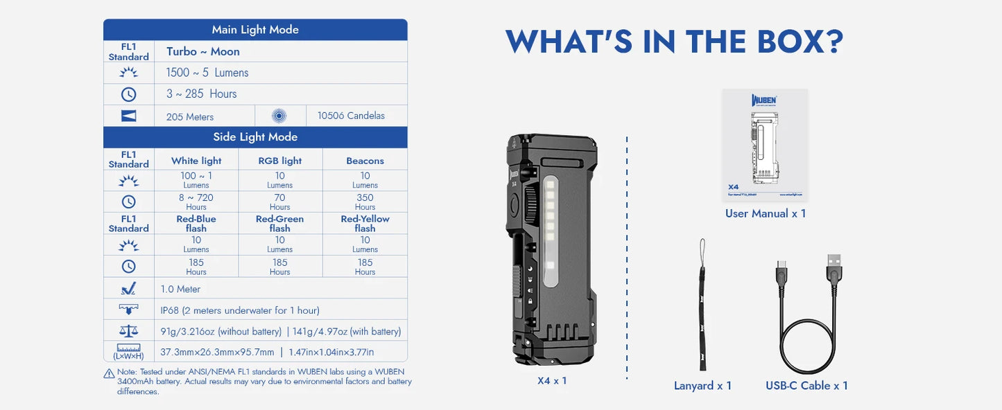 WUBEN X4 EDC Flashlight 1600 Lumen IP68 Rechargeable Pocket Light